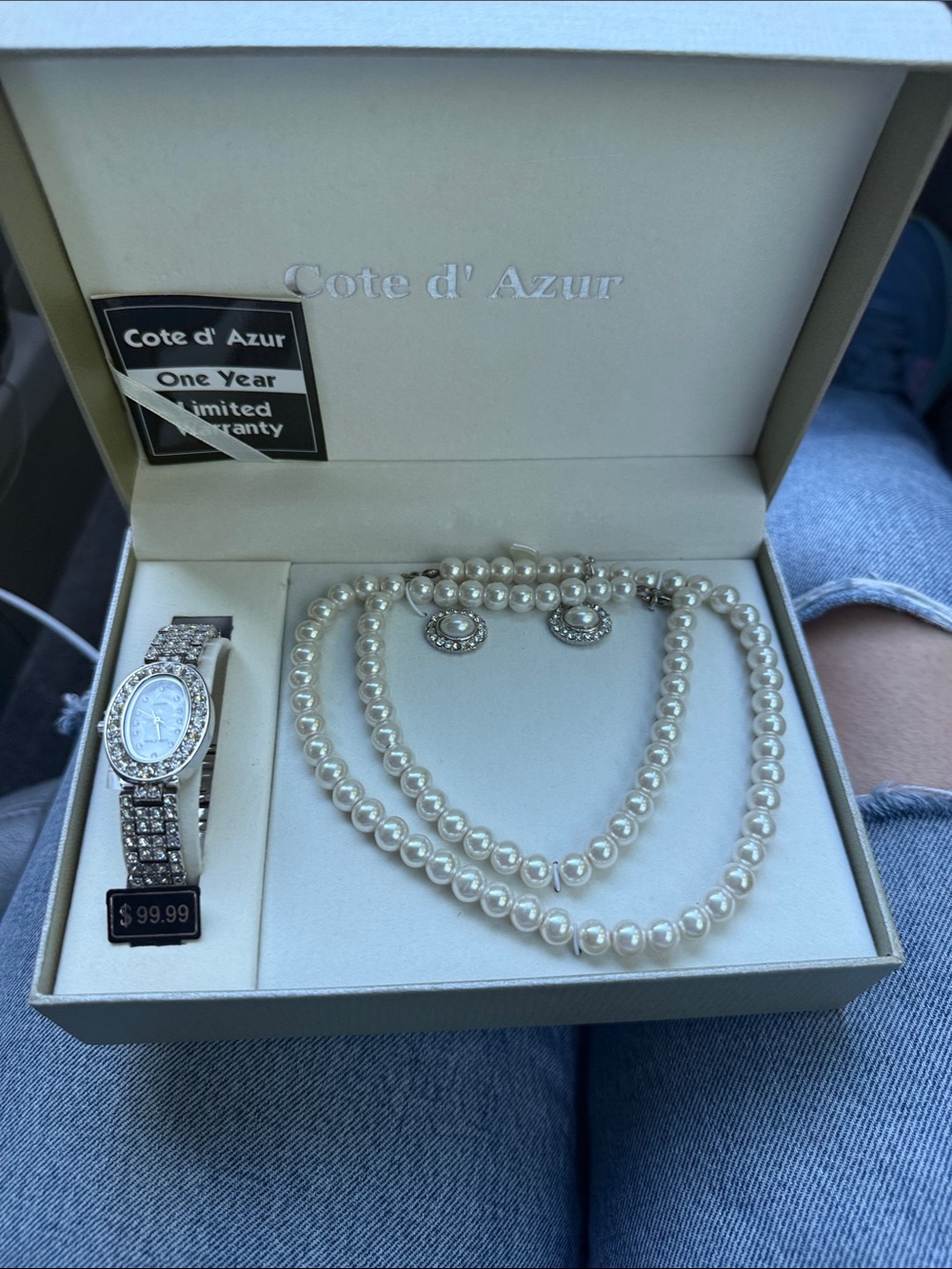 Geneva Silver Crystal Bracelet Watch with Ivory Pearl Necklace Set